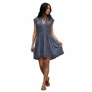 Lucky Brand Midnight Blue Lace Inset Dress Size XS Mini Boho Peasant Bohemian